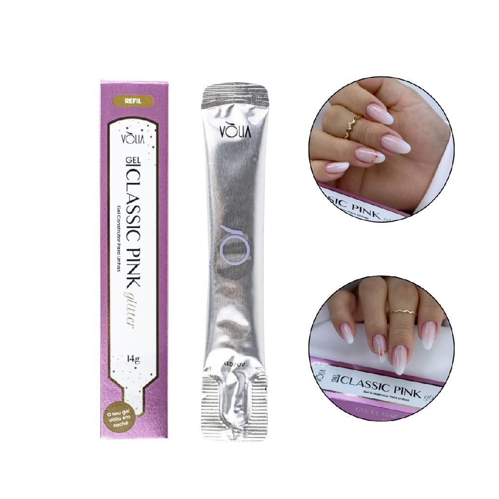 Sachê Refil Gel Classic Pink Glitter 14g Led/Uv Unhas, Vòlia