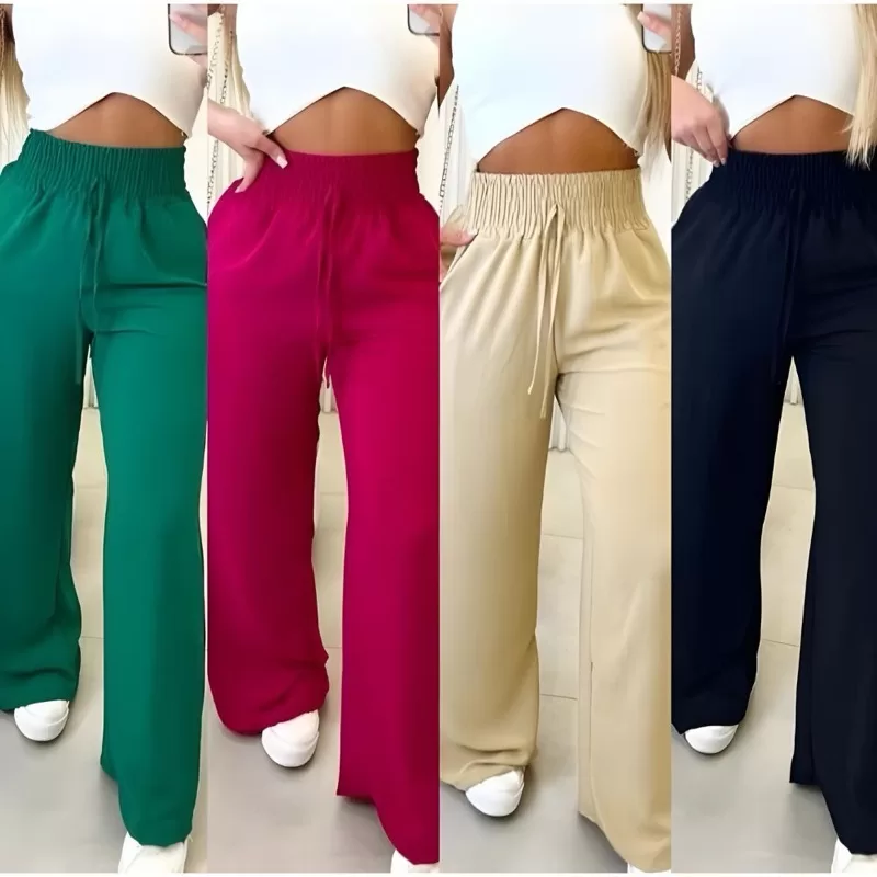 Calça Pantalona Feminina Alfaiataria Tecido Leve Cintura Alta Com Bolsos Elegante Fresquinha