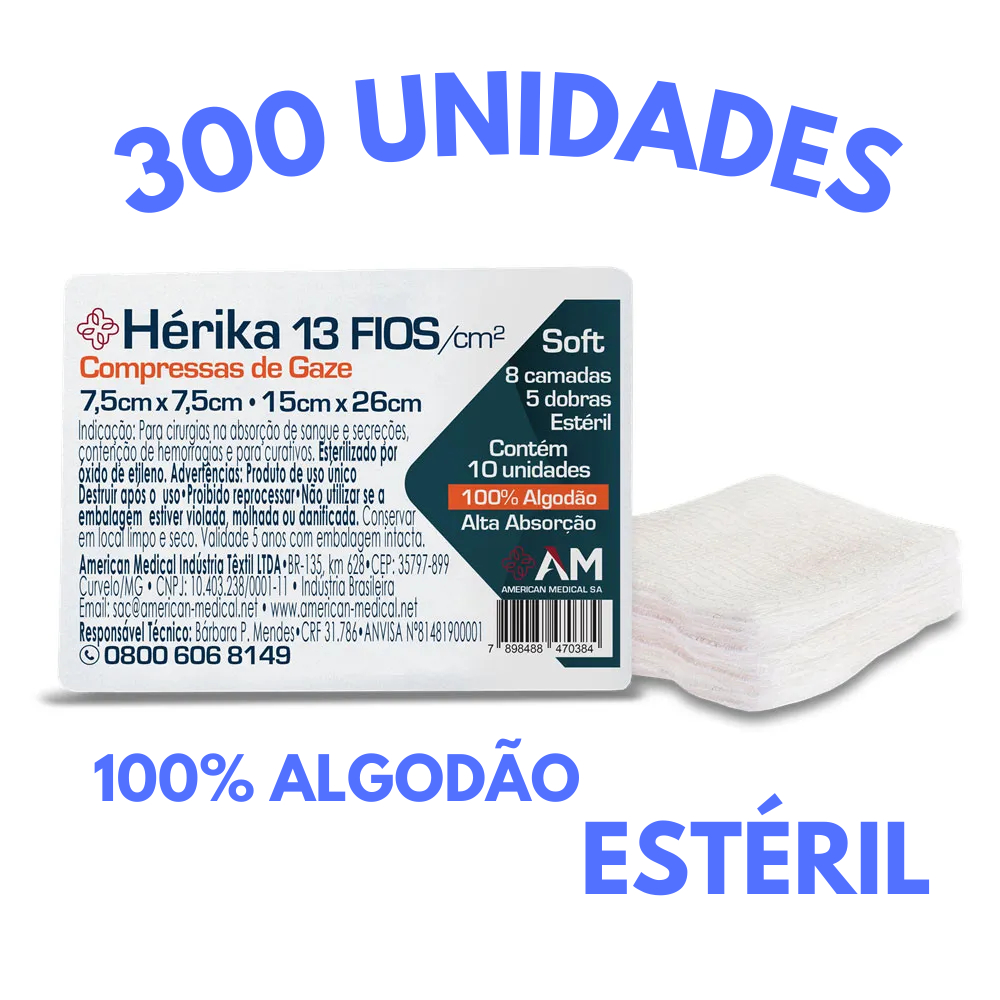 300 Compressa de Gaze Estéril Hérika Hidrófila 13 Fios – 7,5×7,5cm – 15x26cm (30 pacotes Hérika)