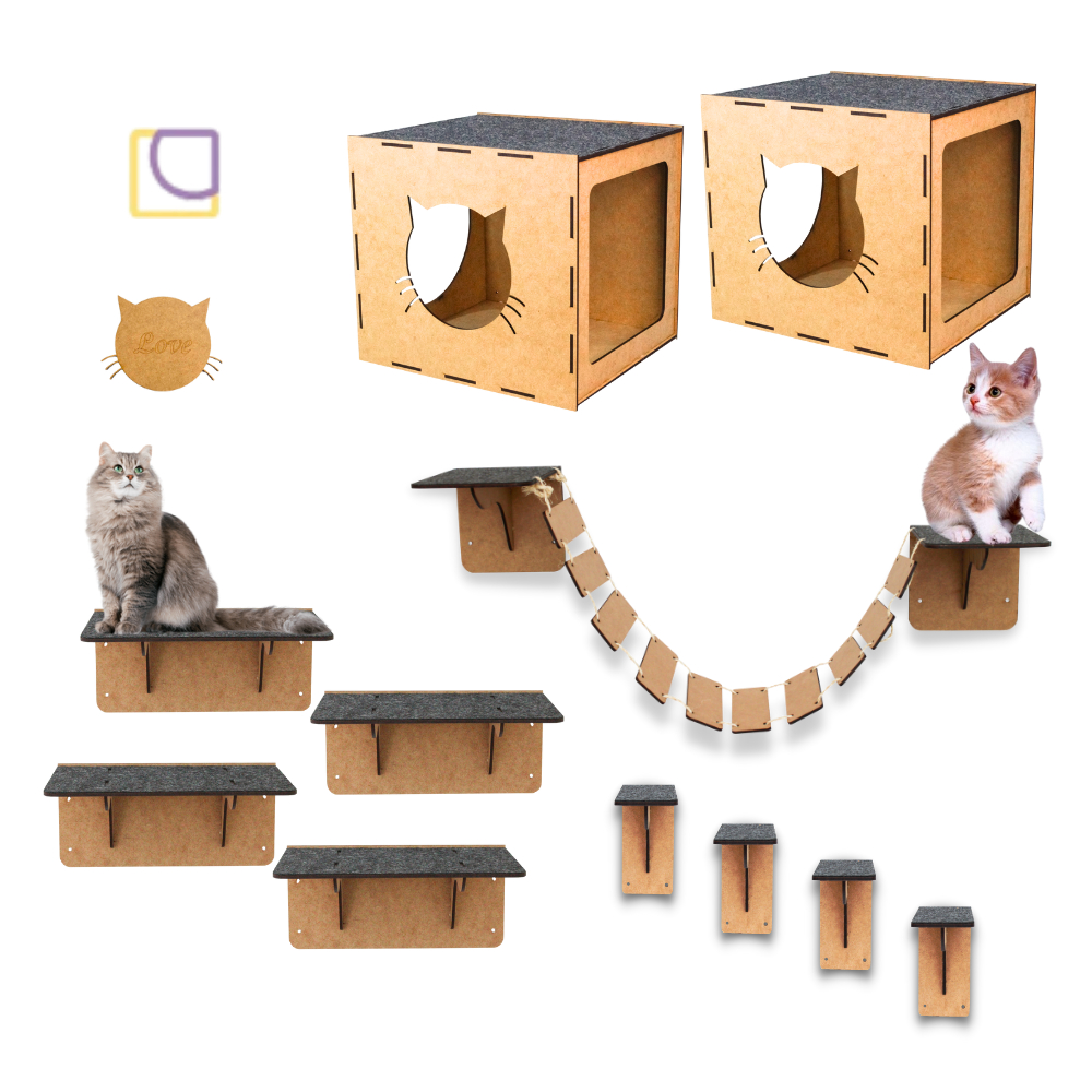 Melhor Playground Gatos 11 Peças Mdf Carpete Prateleiras Nicho Escadinha Degraus Ponte Diversão Pet