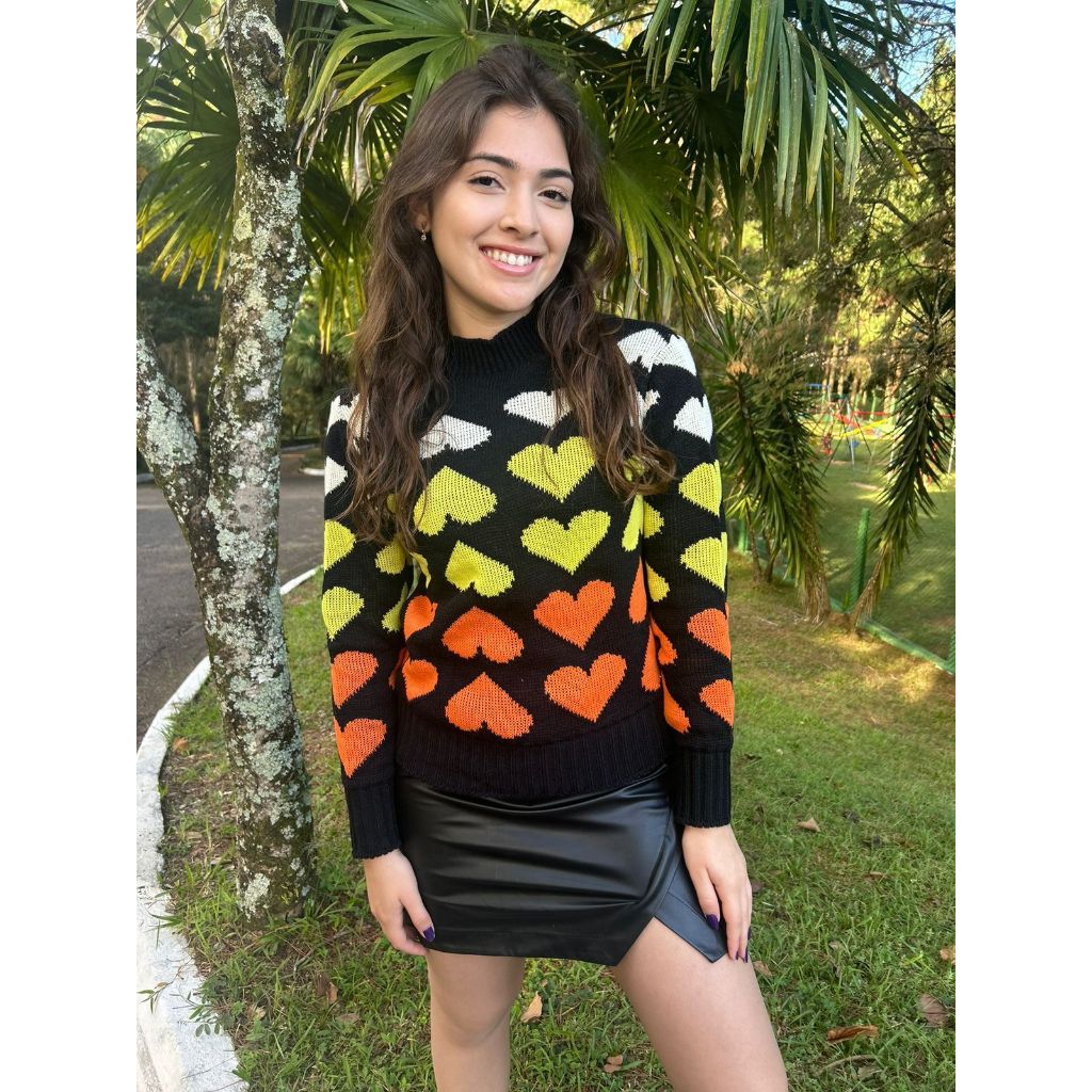 Blusa de Frio de Tricot Feminina Estampa de Coração Moda Inverno Manga Longa de Lã no Jacard