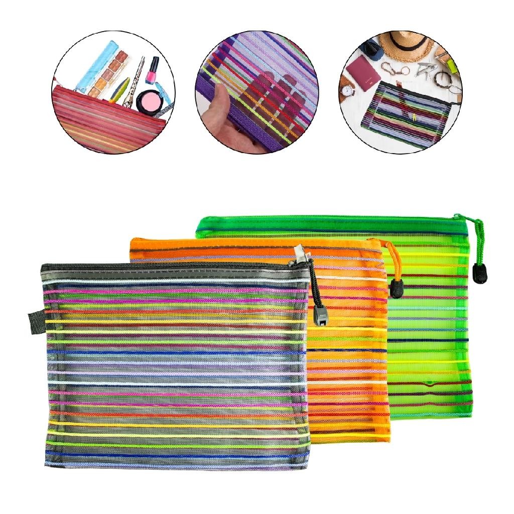 Kit 3 Necessaire Estojo Nylon Colorida Viagem Escola Make Organizador Bolsa Viagem Volta as Aulas
