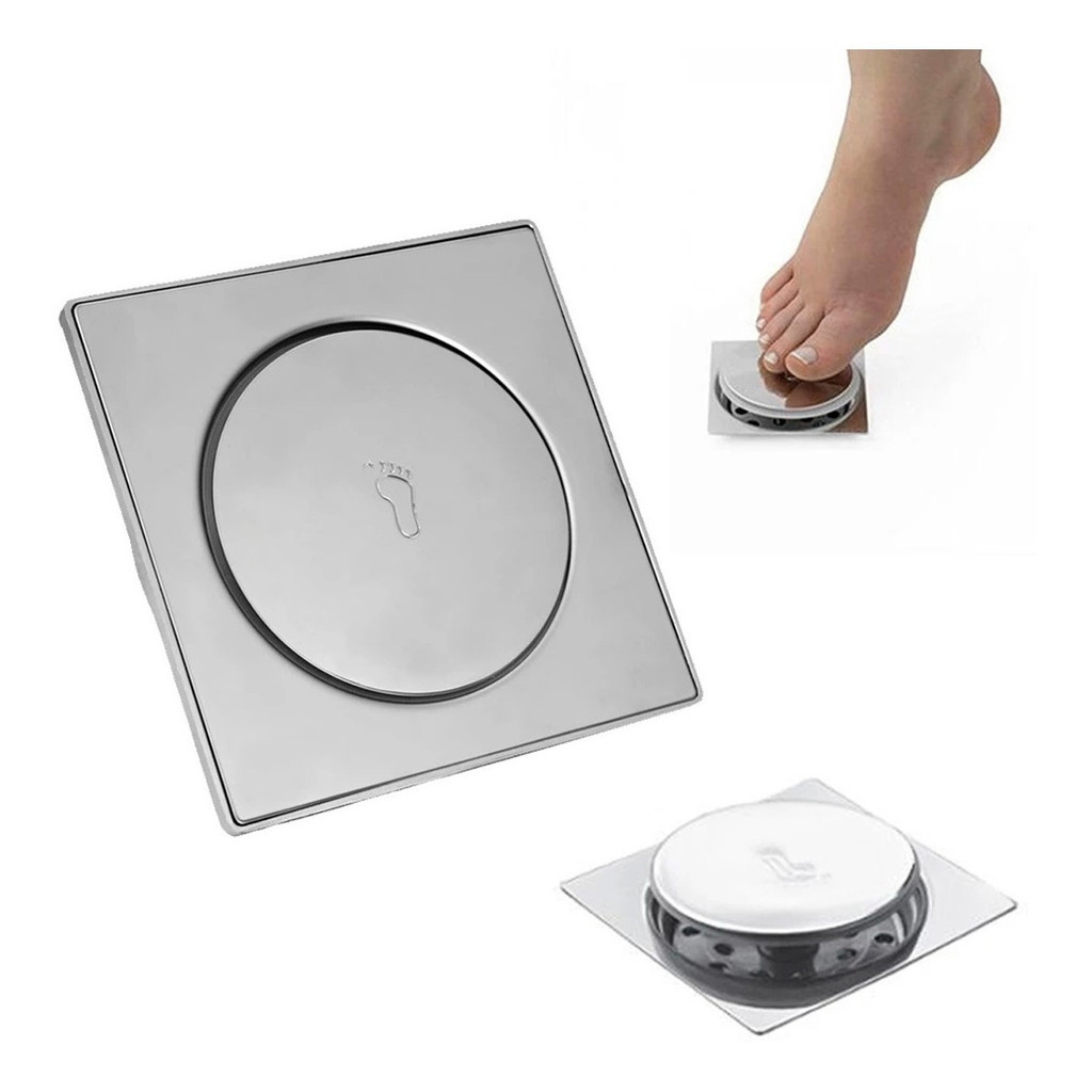 Ralo Inteligente Click Inox 10x10cm Quadrado Redondo Banheiro Lavabo Veda Cheiro