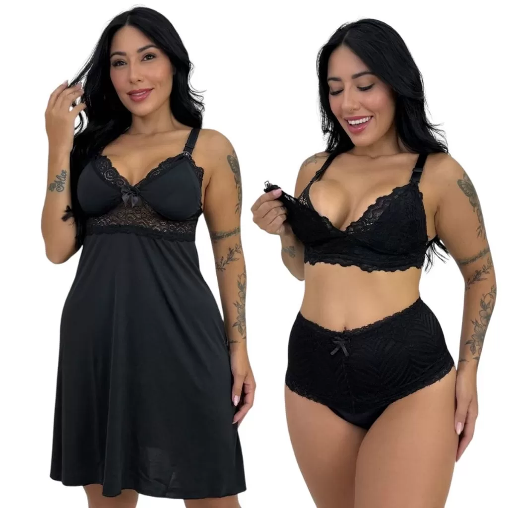 Kit Maternidade Calcinha Sutiã Camisola Amametação Detalhe Renda Pós Parto Gestante