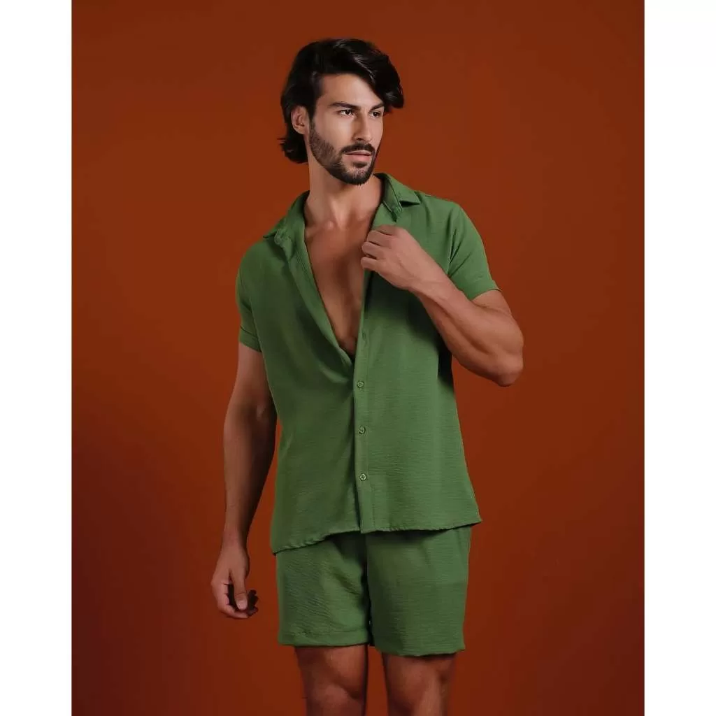 Conjunto Masculina Short e Camisa Tecido Dunas Conforto Elegante Moda Praia Verão