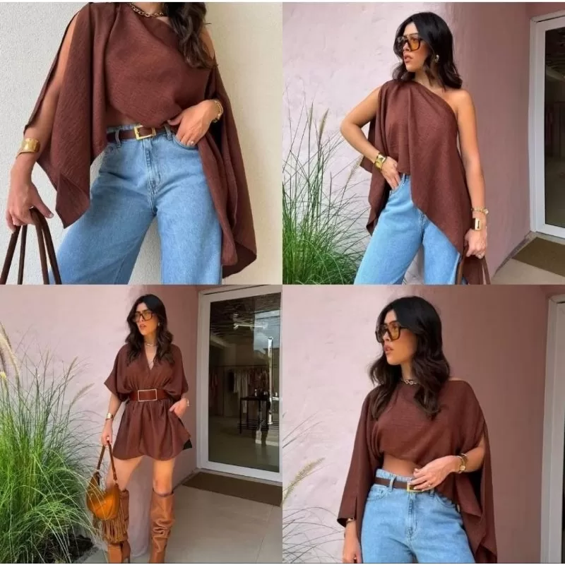 Blusa Feminina Capa Kit Cropped e Top Boho Chic Bata Assimétrica Multiformas Elegante tecido Duna ta