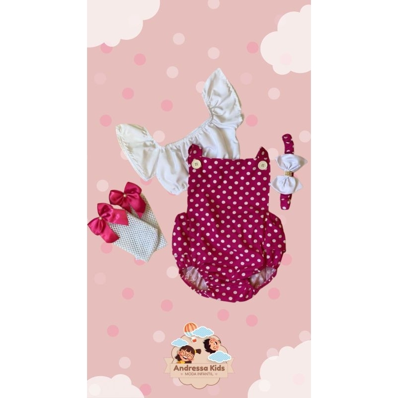 conjunto jardineira infantil pink bolinhas veste até 2 ano