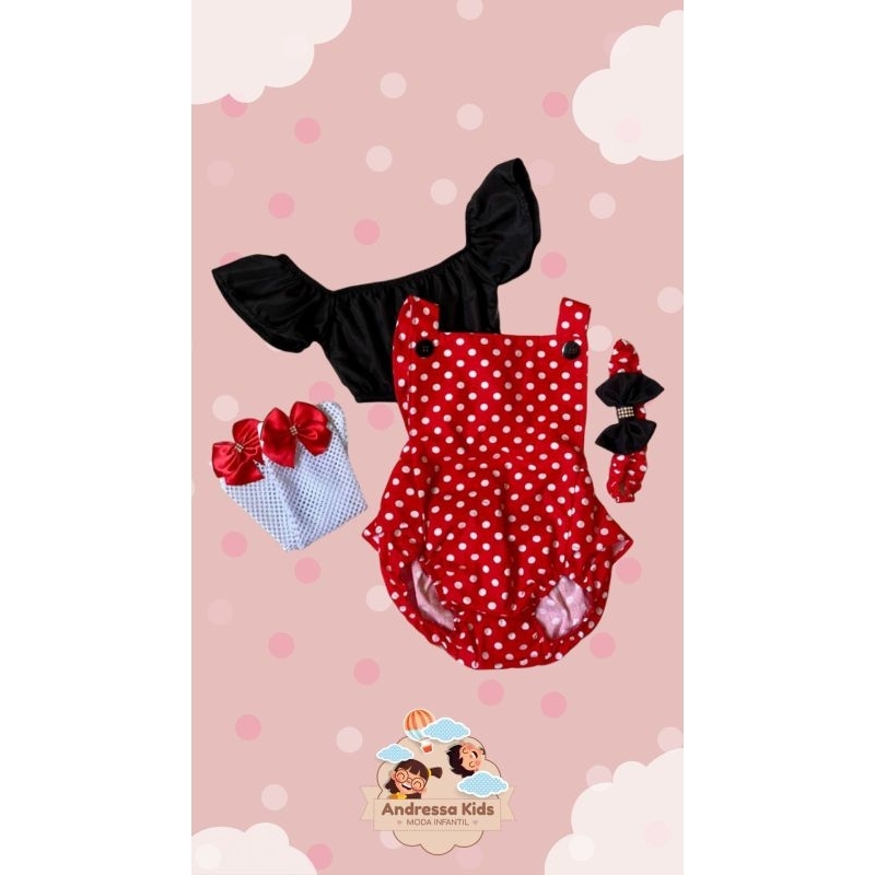 jardineira conjunto vermelho bolinhas estilo minie vestea até 2 anos
