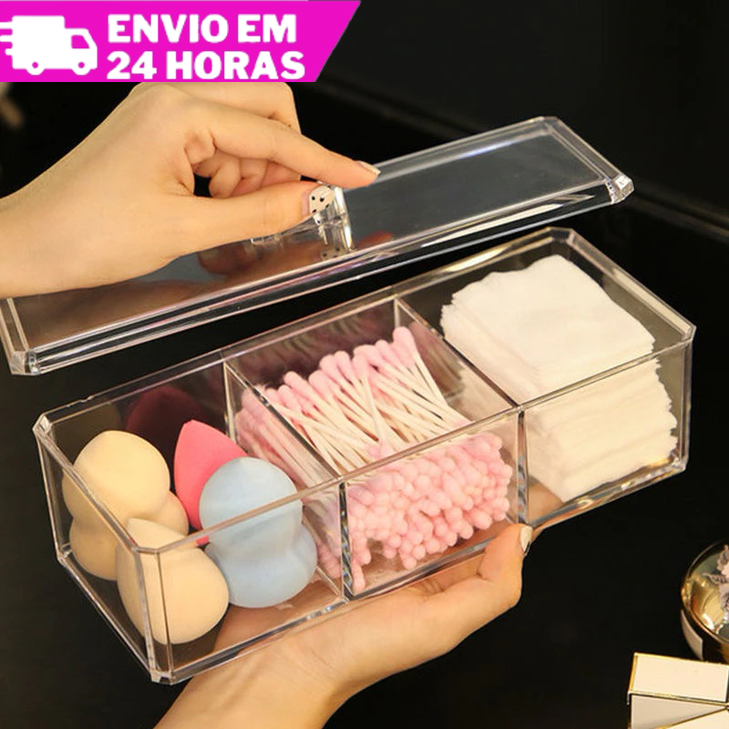 Porta Algodão Cotonete Maquiagem Caixa Acrílico Organizador Com 3 Divisórias