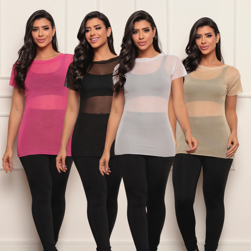 Kit 4 Blusa Feminina Transparente de Tule Manga Curta Camiseta AcademiaTreino