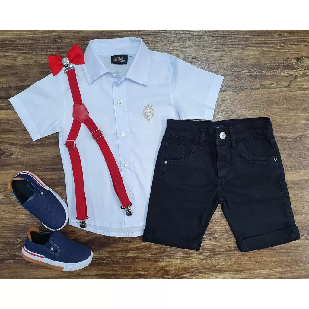 Bermuda Preta com Suspensório e Camisa Social com Gravata