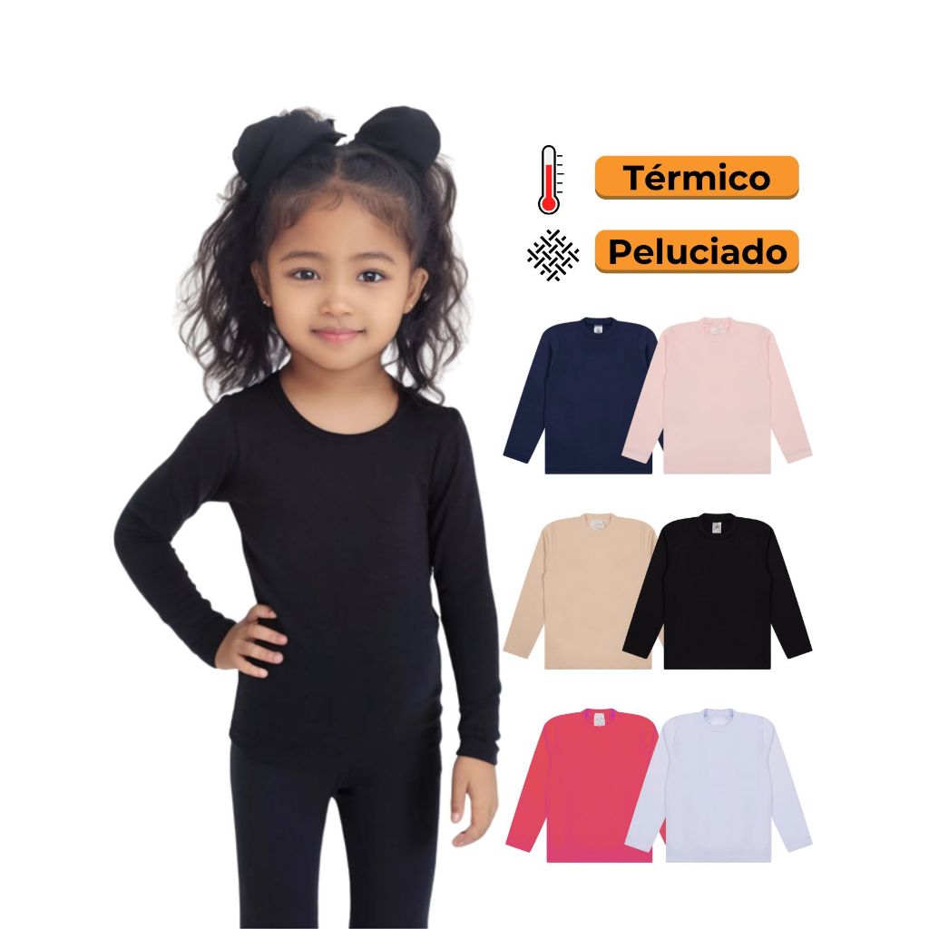 Kit 1, 2 ou 3 Blusas Térmicas Infantil Menina Manga Longa Feminino Blusas Térmicas Manga longa Inver