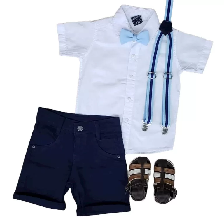 Bermuda Azul Marinho com Suspensório e Camisa com