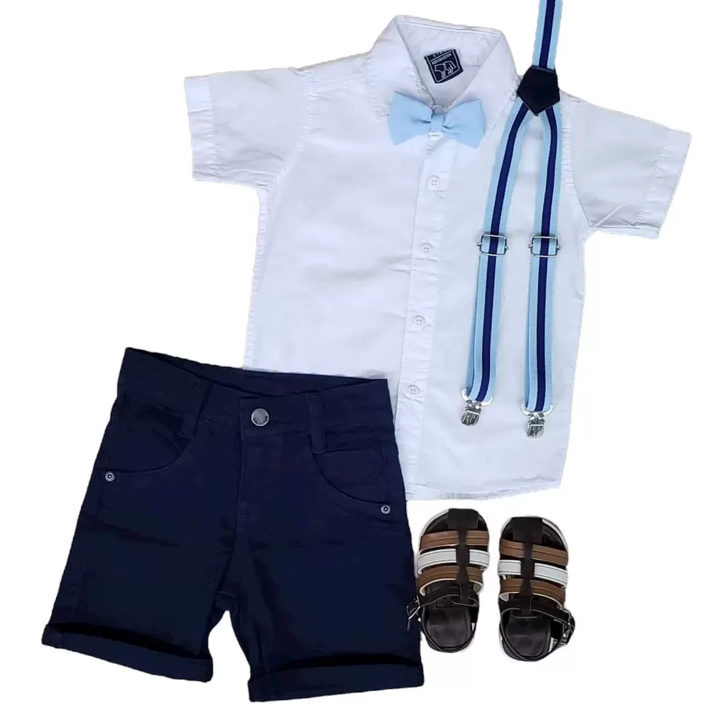 Bermuda Azul Marinho com Suspensório e Camisa com Gravata