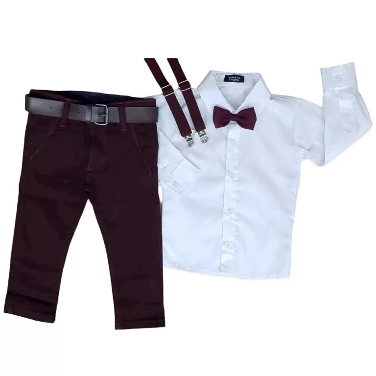 Calça Vinho com Suspensório e Camisa Branca com 