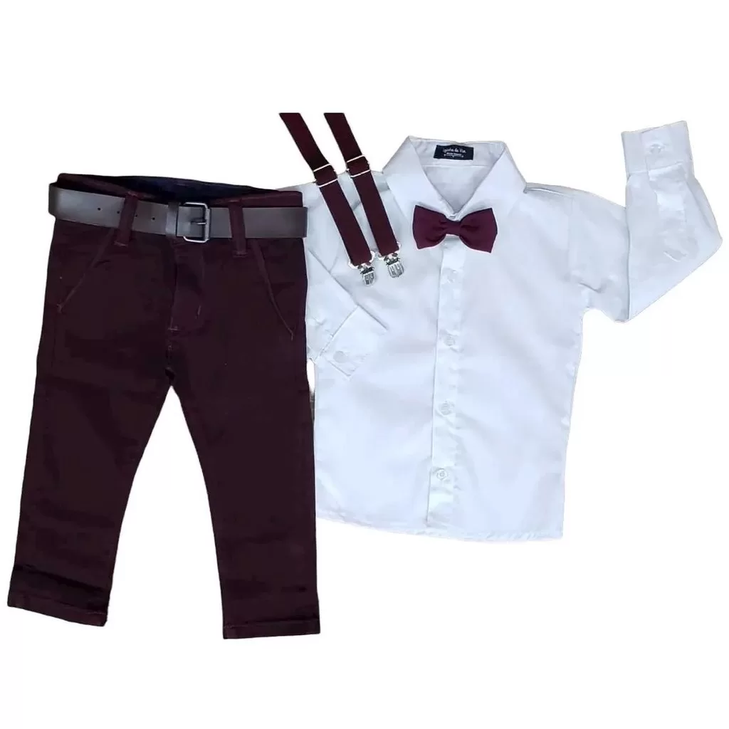 Calça Vinho com Suspensório e Camisa Branca com Gravata