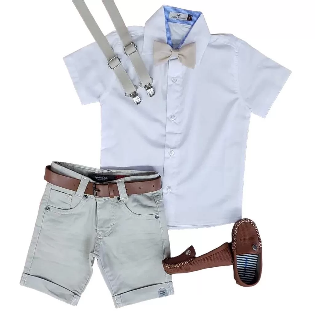 Bermuda Nude com Cinto Suspensório e Camisa com Gravata