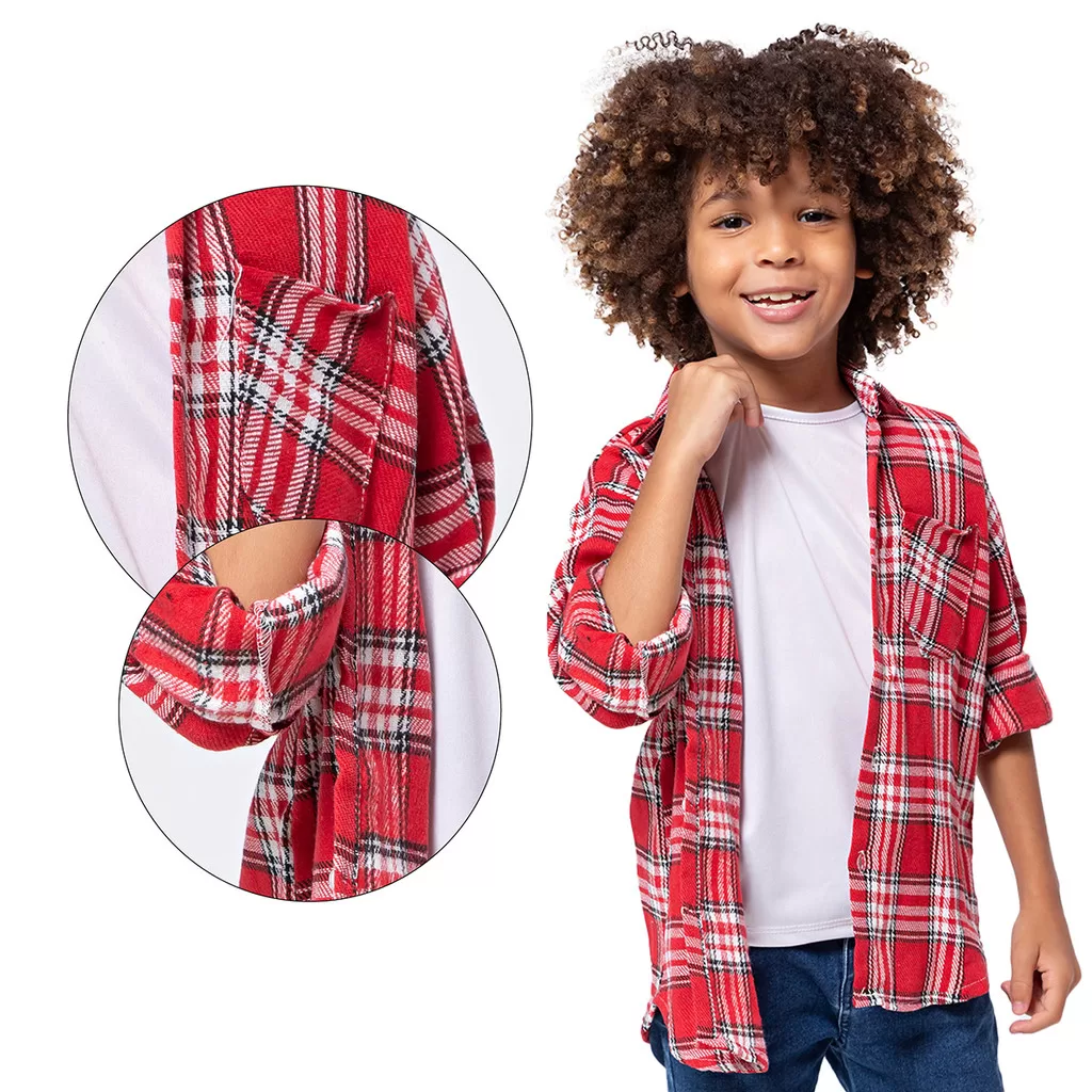 Camisa Xadrez Flanelada Infantil Menino Tango Fantasias Festa Junina Caipira Country – Vermelho