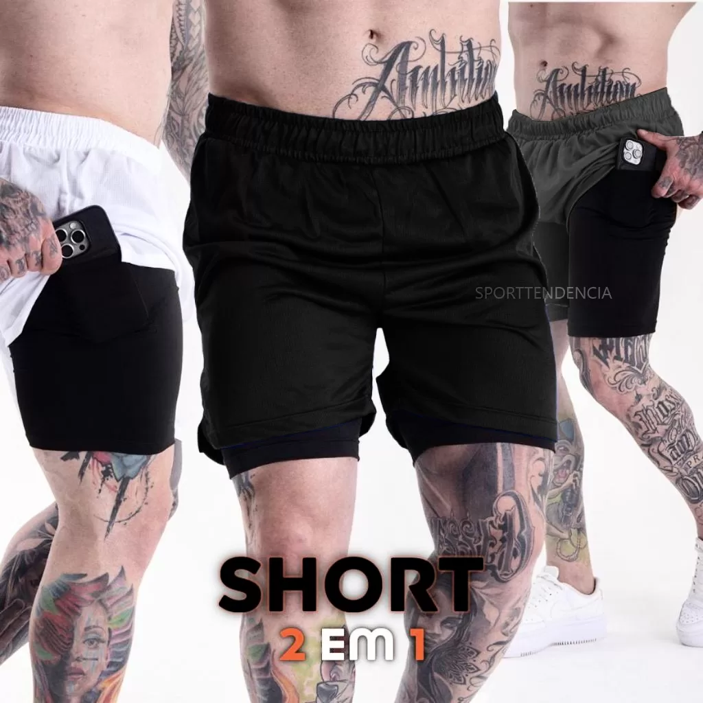 Kit 2 Shorts 2 em 1 Masculino Dry Fit com Compressão e Bolso Interno Bermuda Academia Treino Corrida