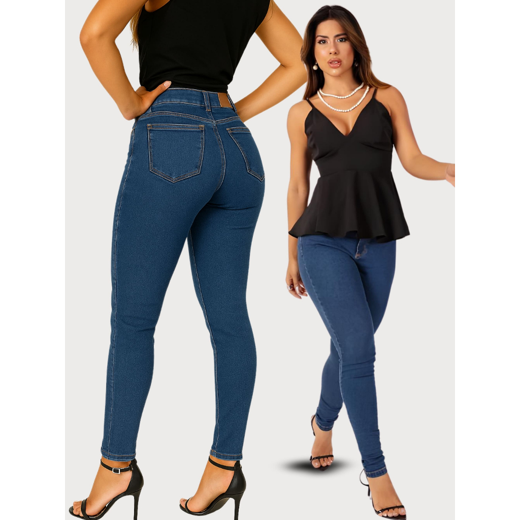 Calça Jeans Feminina Skinny Cintura Alta Levanta Bumbum com Elastano