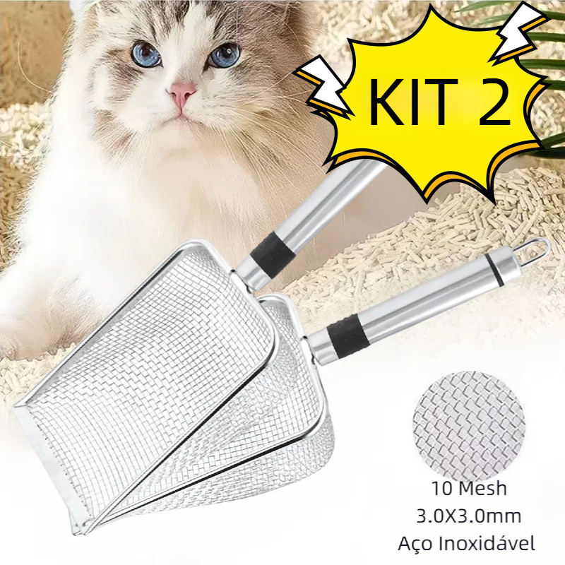 KIT Pá Higiênica para Areia de Gato em Aço Inoxidável 304 -Peneira Coletora Antiferrugem para Limpez