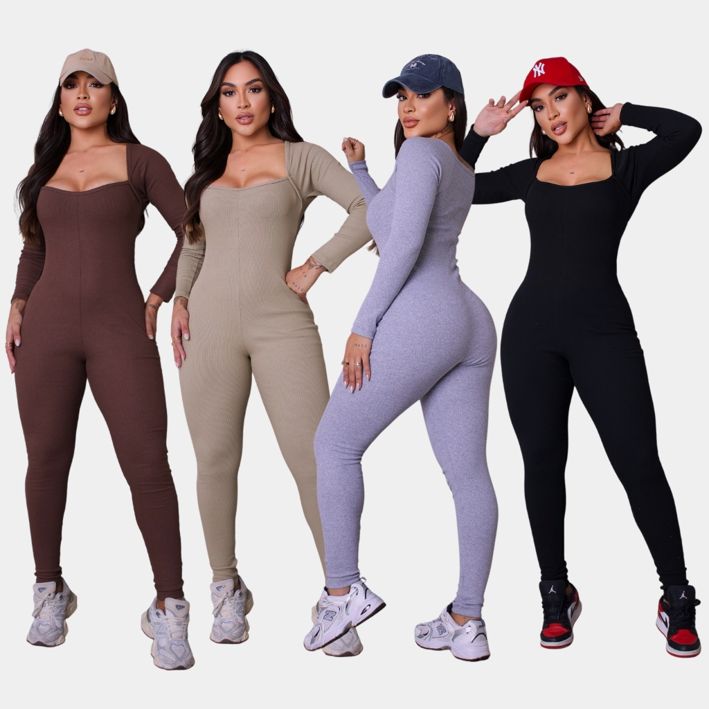 Macacão Manga Longa Virginia ZERO TRANSPARENCIA Balada Festa Inverno Preto e Nude