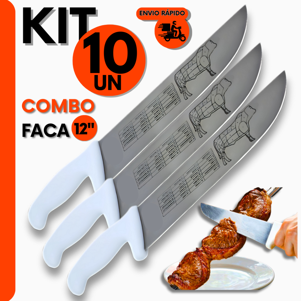 10 Facas Cabo Branco Em Aço Inox 12  Do Açougueiro e Churrasqueiro Profissional Para Cozinha e Açoug