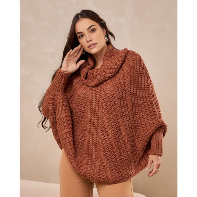 Poncho Tricot Gola Alta Feminino Tranças Elegante