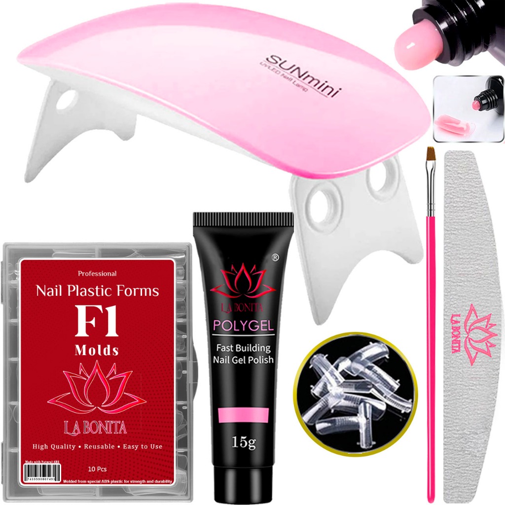 Kit Alongamento Poligel Polygel + Lixa + Molde F1 + Mini Cabine Poly Gel + Pincel
