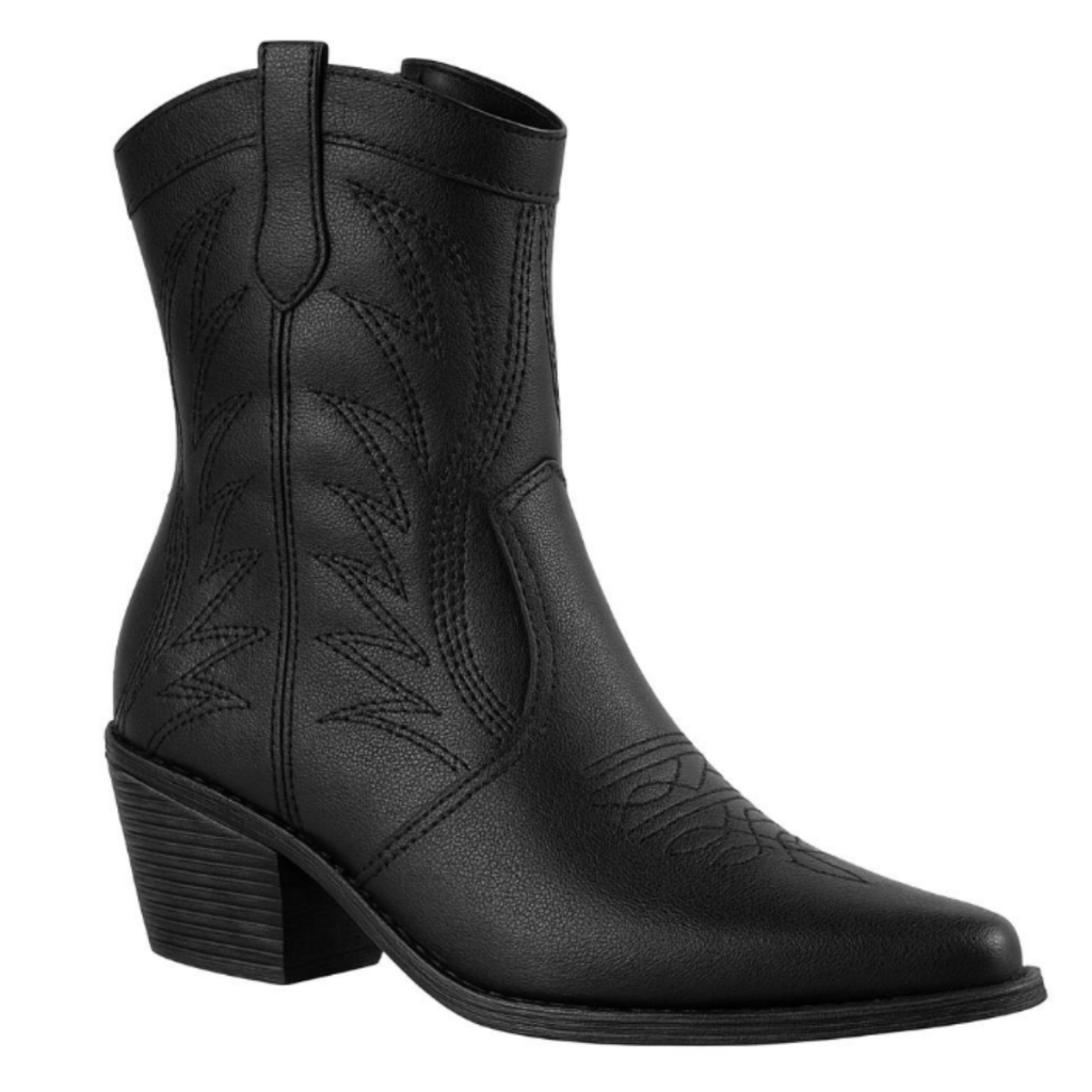 Bota Texana Western Bordada Cano Curto Salto Médio Feminina