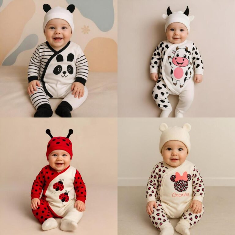 Macacão Bebê Bichinhos + Touca Kit 2 Peças Inve