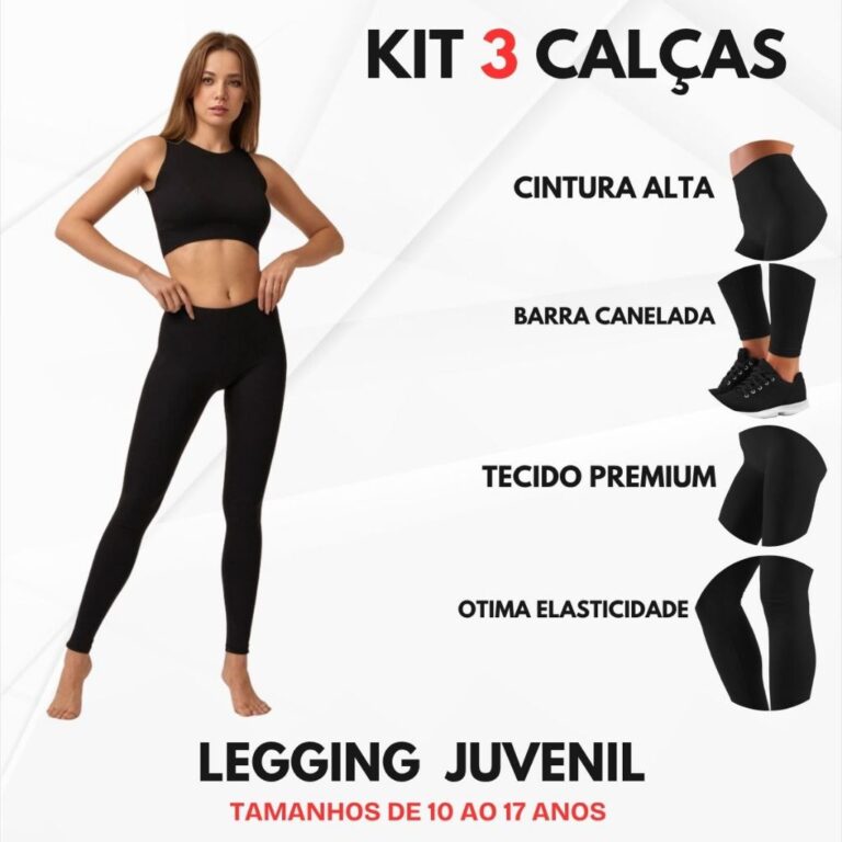 Kit 3 Peças Legging Lisa Escolar de Suplex Preta 