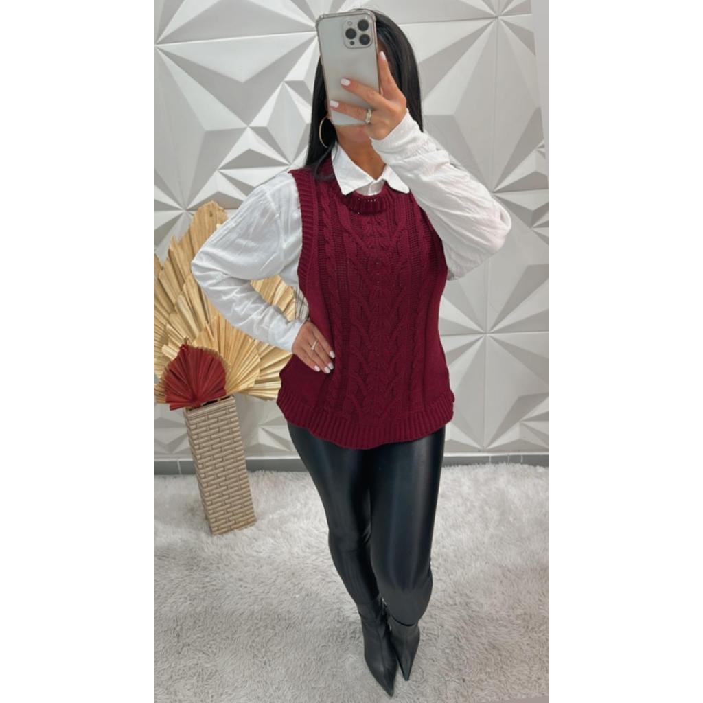 Colete Feminino Tricot com Detalhes de trança, Ponto Fang Lã  Elegante Tendência Moda Outono/Inverno