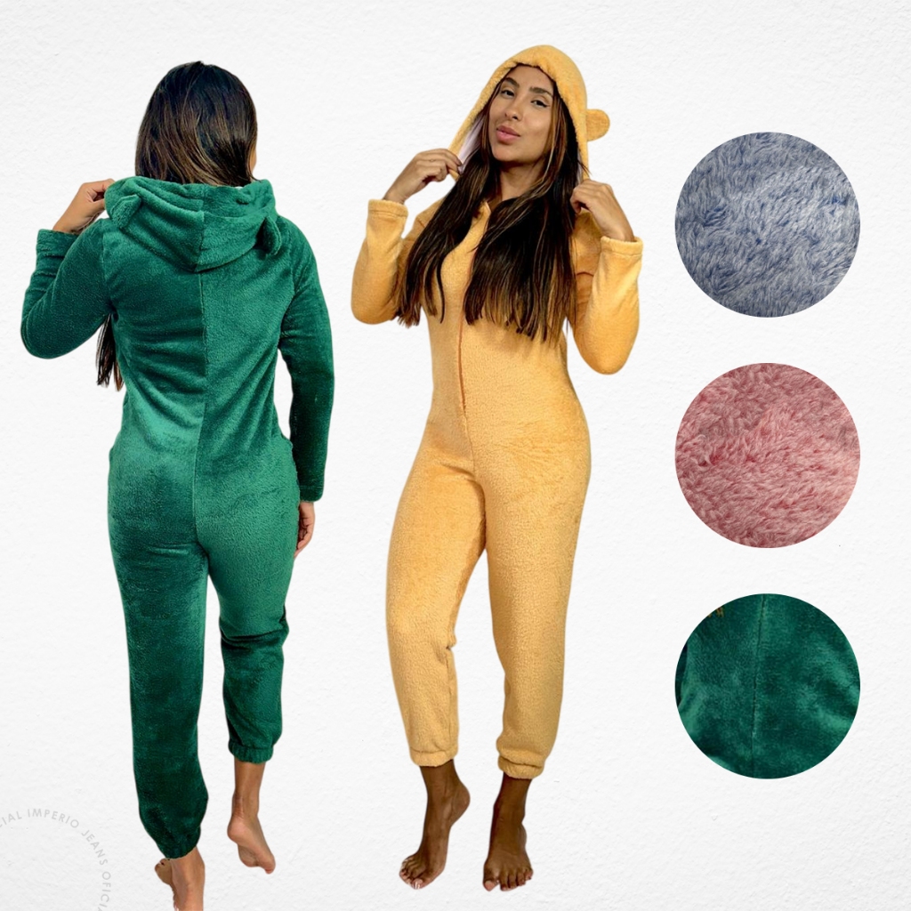 Macacão Pijama Adulto Com Capuz Peluciado Inverno Flanelado Manga Longa Quentinho