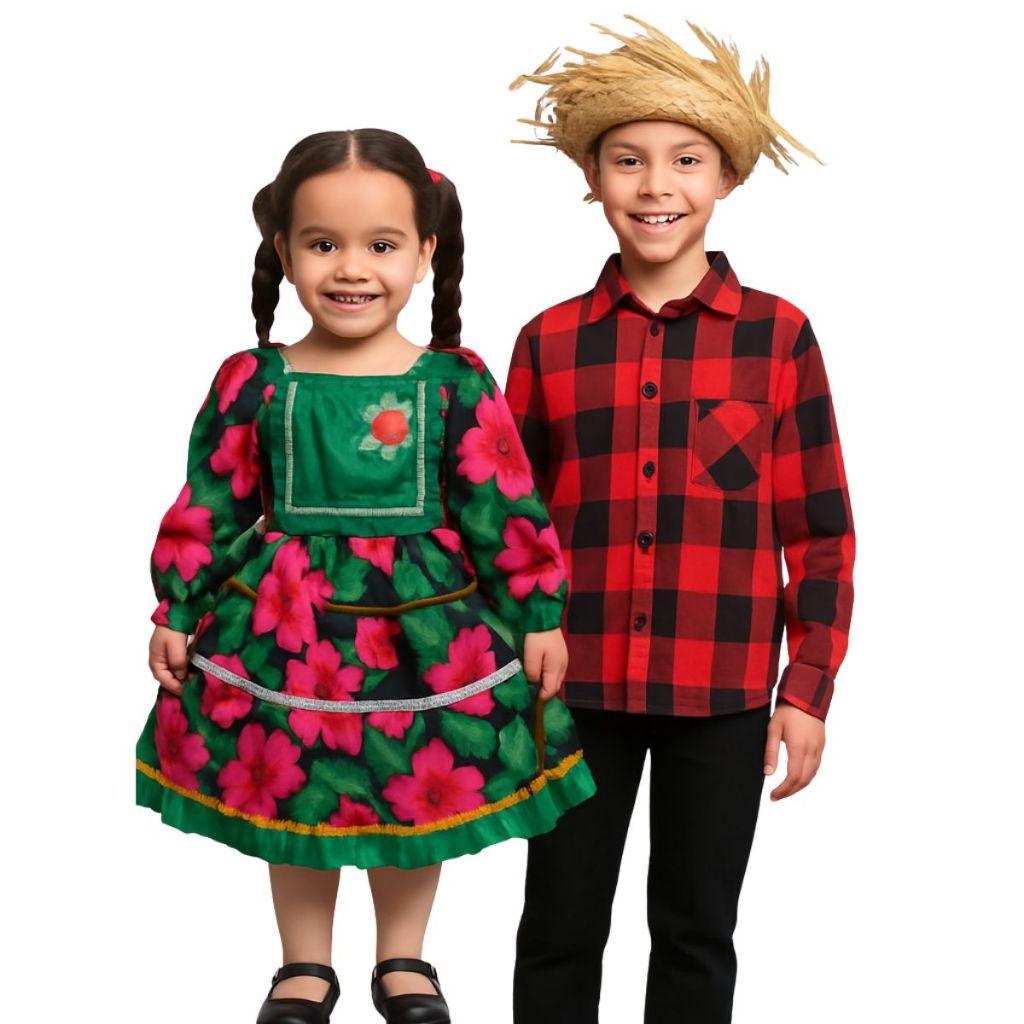 Vestido Caipirinha Feminino + Camisa Xadrez Festa Junina Infantil Moderno Super Combo