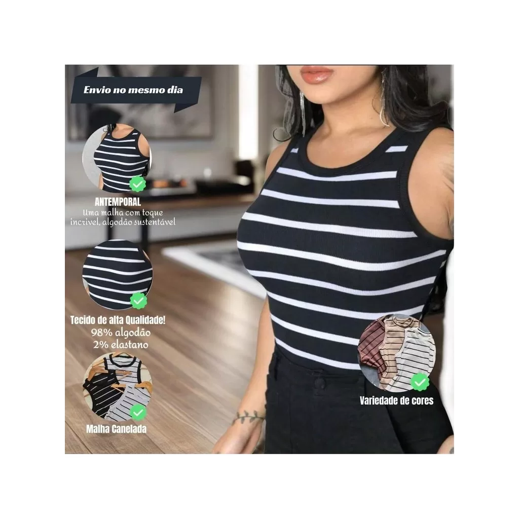 Regata Canelada Listrada e Lisa Ribana Camiseta Básica Blusa Dia a Dia Moda Gringa Regata Casual