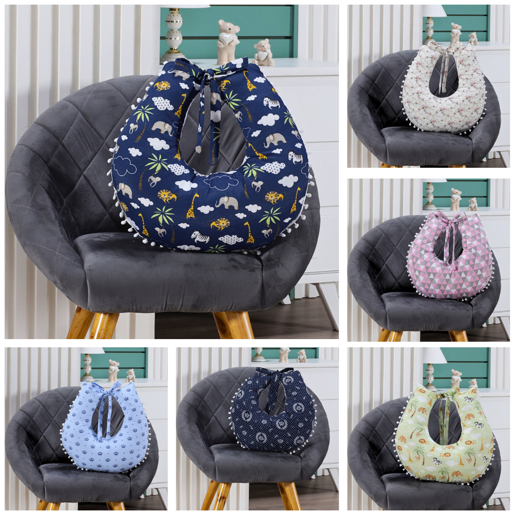 Almofada Amamentação para Amamentar Travesseiro com Zíper e Pompom Grelot 100% Algodão