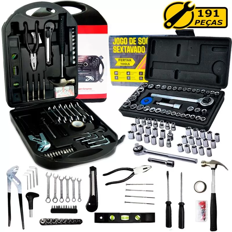 Jogo Ferramentas 191 Peças Chave Catraca Reversível Soquetes Vela Martelo Nível Estilete Combinada