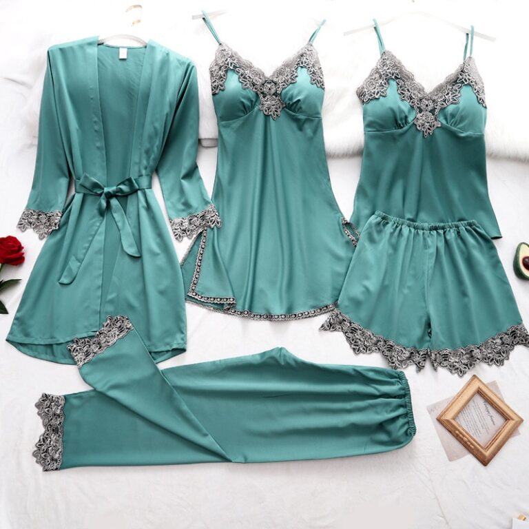 Pijama De Seda Satin Silk 5 Peças Roupa De Noite 