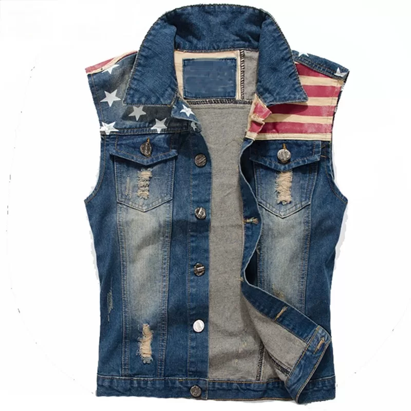 Colete jeans masculino jeans Cowboy desgastado Colete da moda Jaquetas sem mangas Star Flag estampad