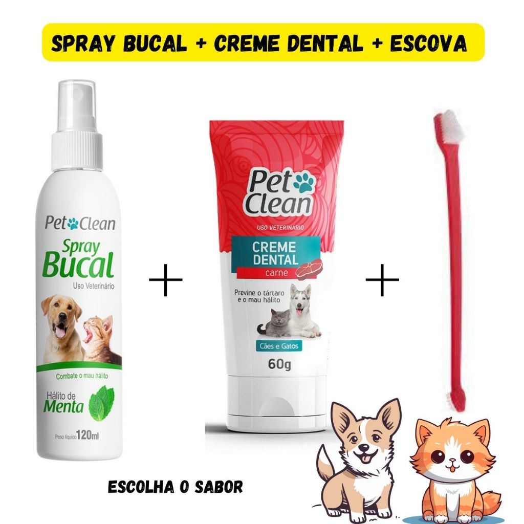 KIT COMPLETO HIGIENE BUCAL CÃES E GATOS CREME DENTAL E SPRAY PET CLEAN + ESCOVA – ELIMINA MAU HALITO