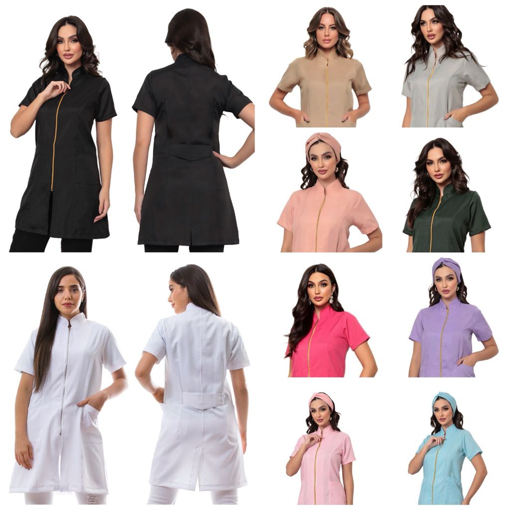 Jaleco Várias Cores Feminino Acinturado Ziper Manga Curta Malta Gardenia Jalecos