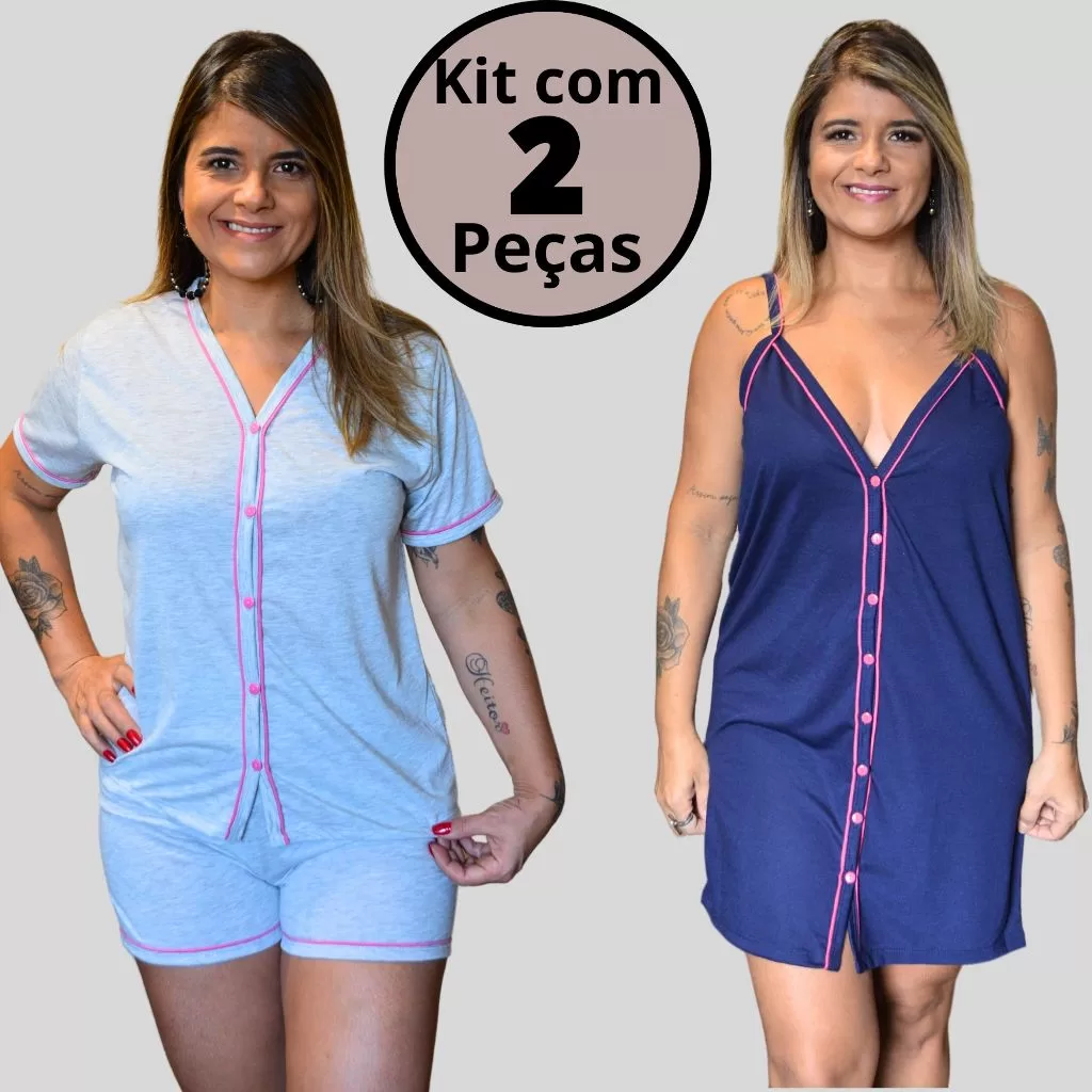 Kit 2 Pijamas Amamentação Americano Baby Doll Cirúrgico com botões em Malha Cores Sortidas