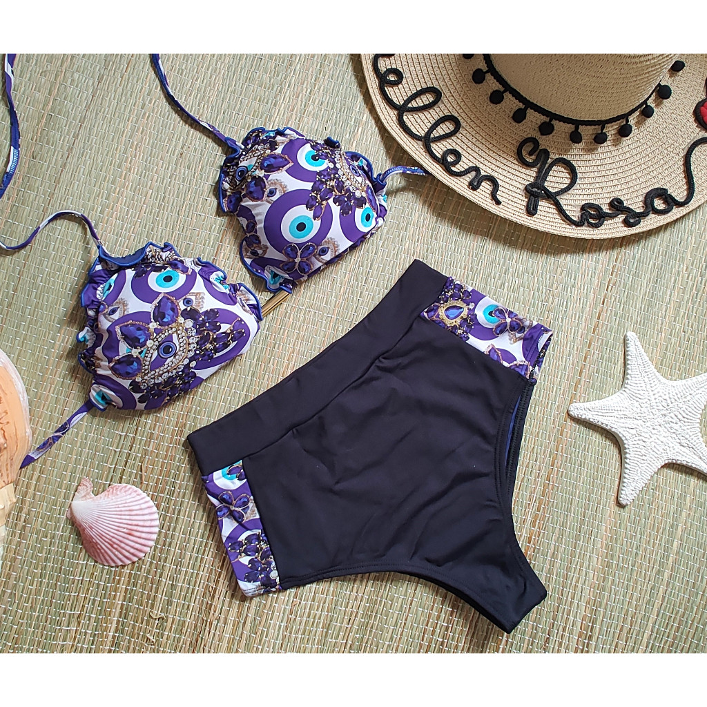 Biquíni Cintura Alta Cortininha Hotpants Riple com Bojo e Forro Olho Grego Azul e Branco 2