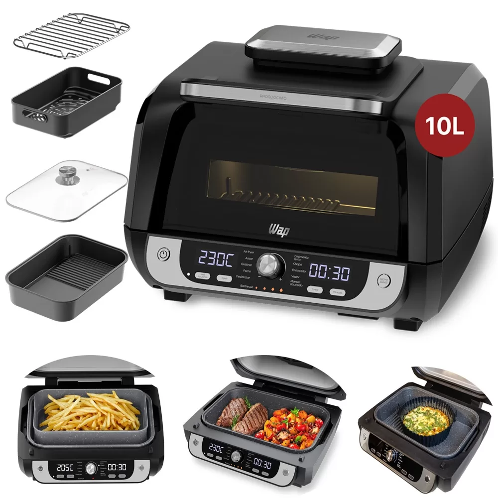 Fritadeira Elétrica Sem Óleo Churrasqueira Air Fryer 10l 1700w Wap Airfry Barbecue Digital 12 Em 1