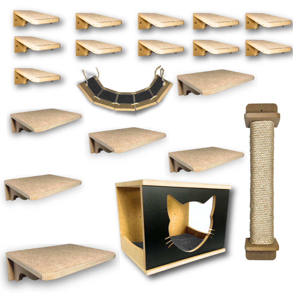 Playground Gato 22pçs REFORÇADO MDF 15MM Carpete antiderrapante Nichos Prateleiras Montados