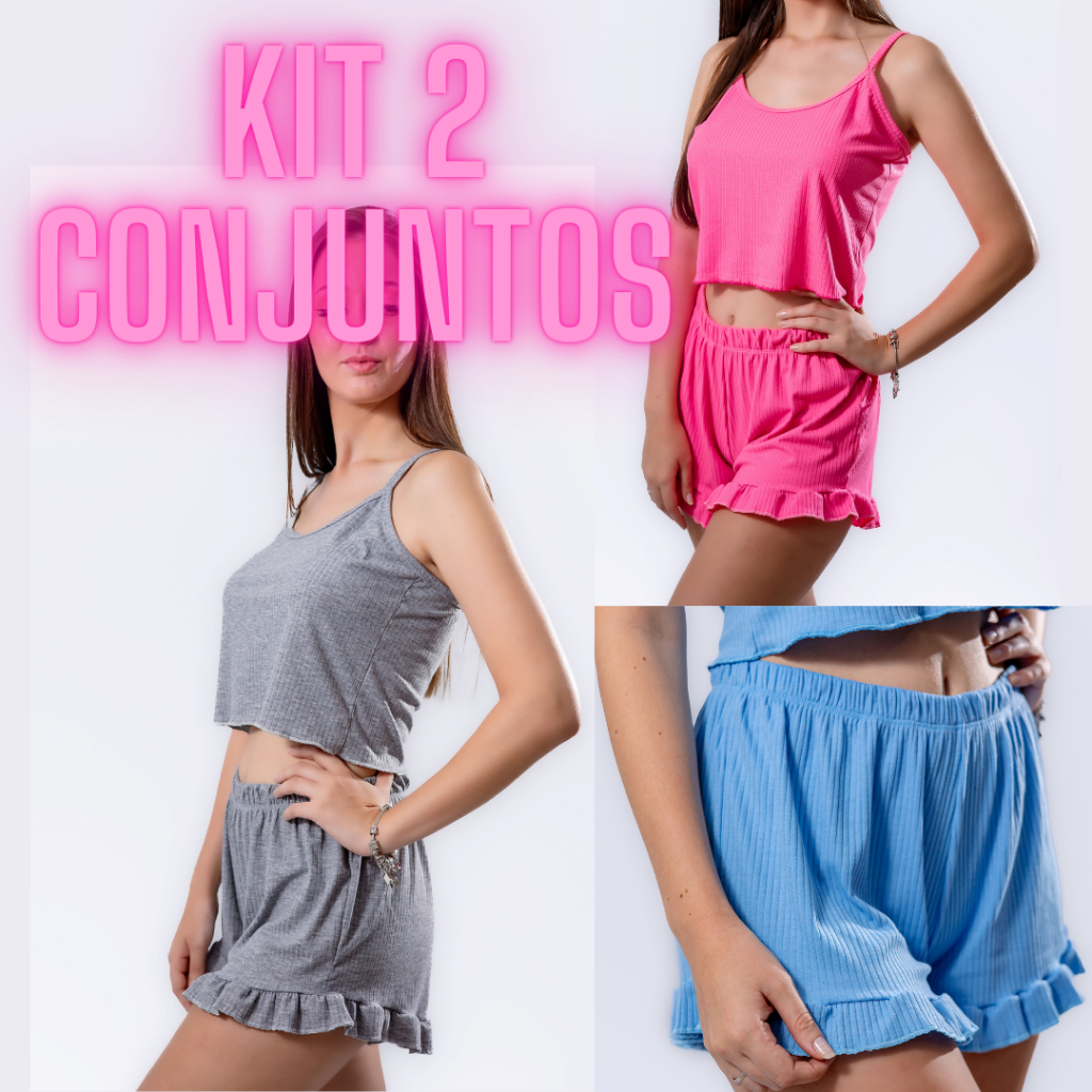 KIT 2 Pijama Baby Doll Alcinha Canelado  Verão de  96% Algodão e Elastano Feminino Confortável