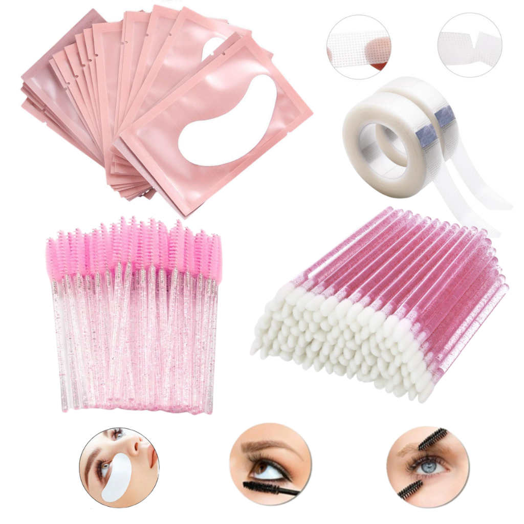 Kit Alongamento De Cílios – 100 Pads + 50 Escovinhas + 50 Aplicadores + Fita Transpore