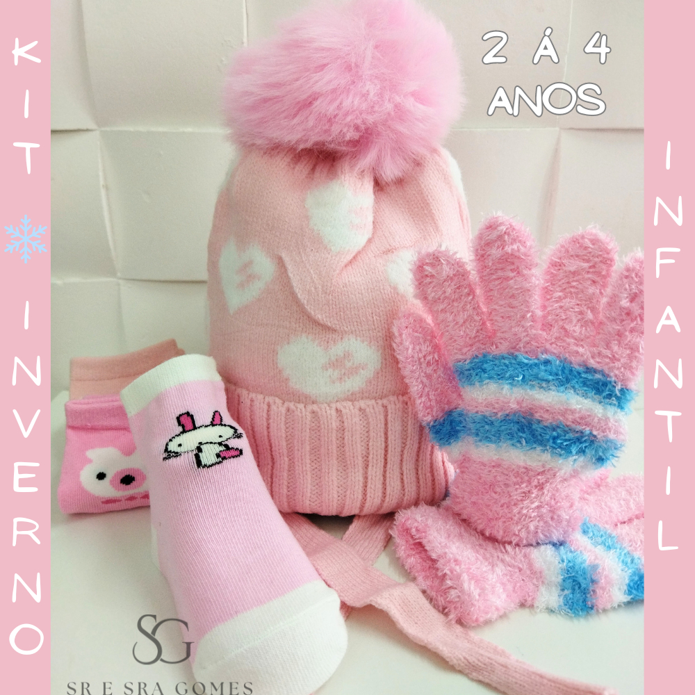 Kit 5 Itens Inverno Infantil Feminino Touca Luva e Meia de 2 á 4 Anos de Idade