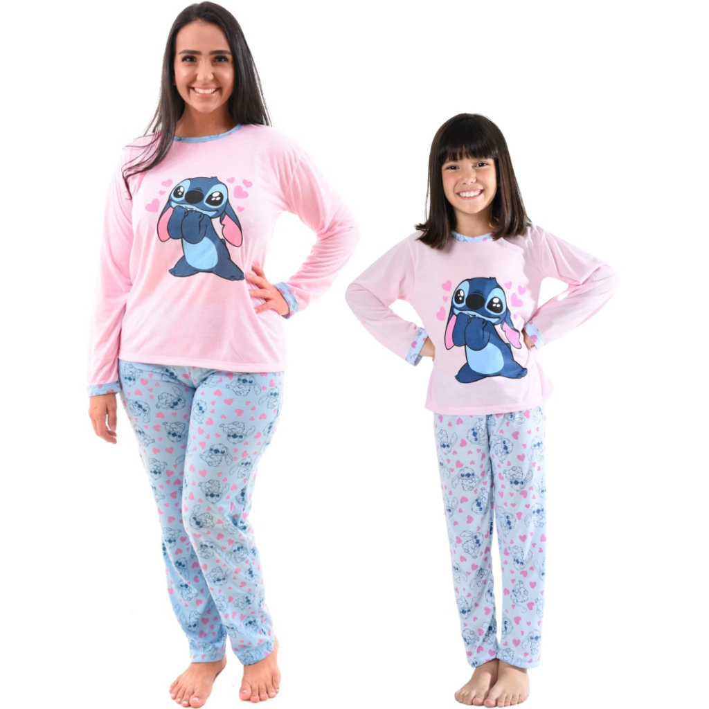 2 Pijamas Inverno Longo Mãe E Filha Manga Longa e Calça Desenho Divertido
